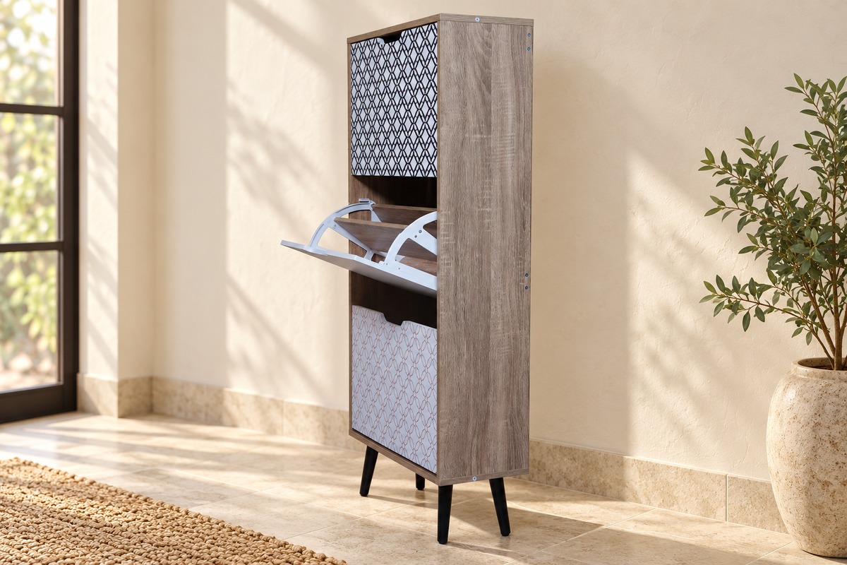Milo 31 three-compartment tilt-out shoe cabinet in sonama